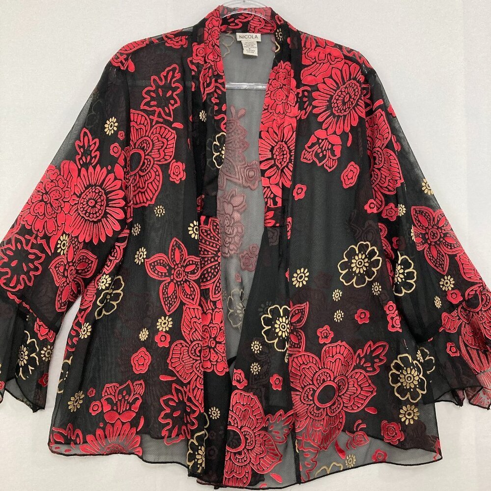 Vintage NICOLA size XL Floral Sheer Ruffle Flare Sleeve Duster Kimono Romantic